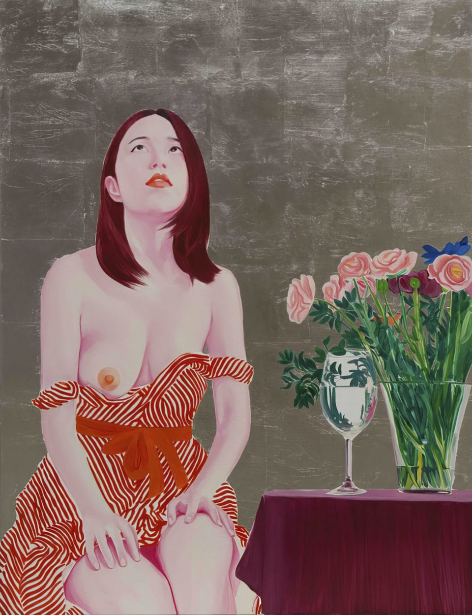 China girl with flowers Huile et feuille daluminium sur toile oil and aluminum leaf on canvas 116x89 cm