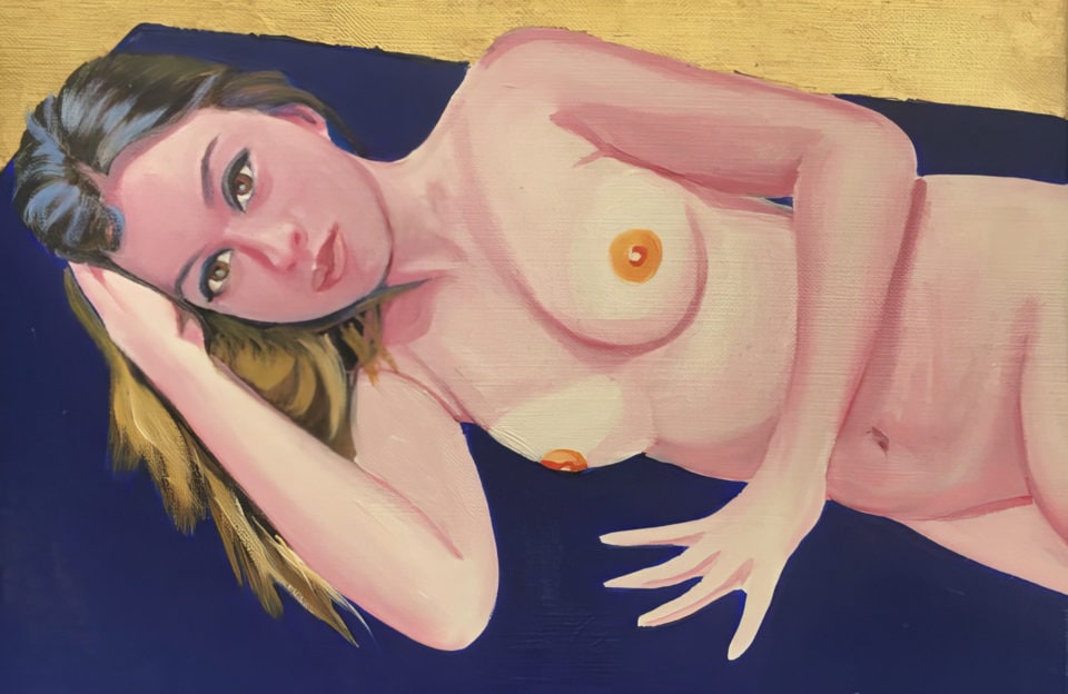 Diane huile et feuille dor sur toile oil on canvas 22x33 cm