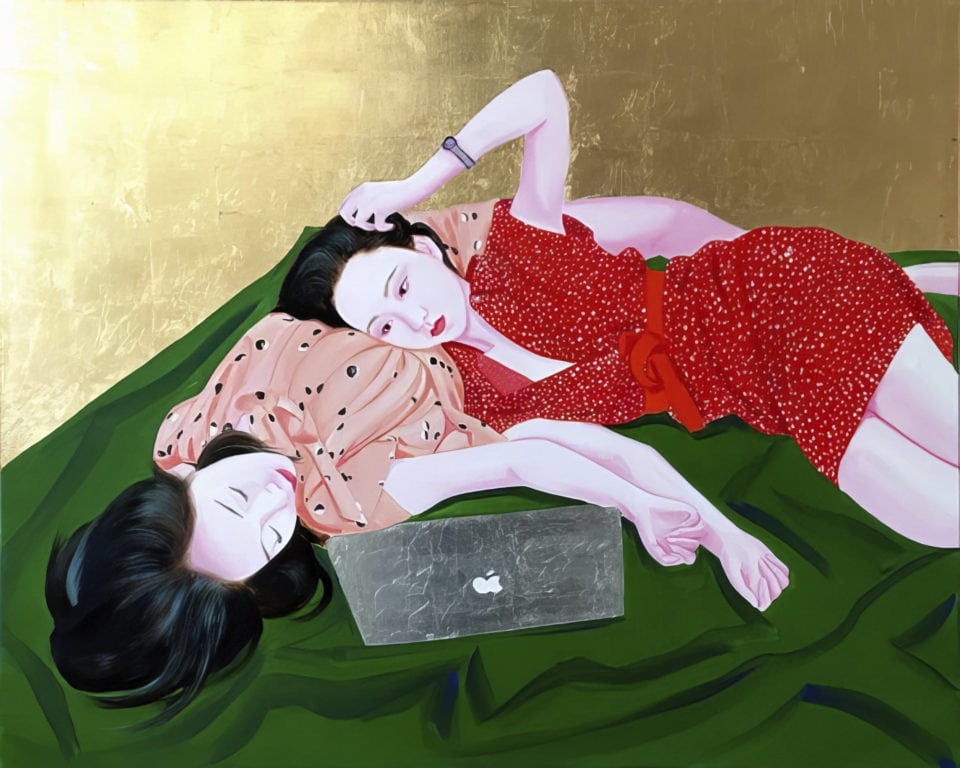 Laetita and Corine huile et feuille dor sur toile oil and gold leaf on canvas 60x73 cm