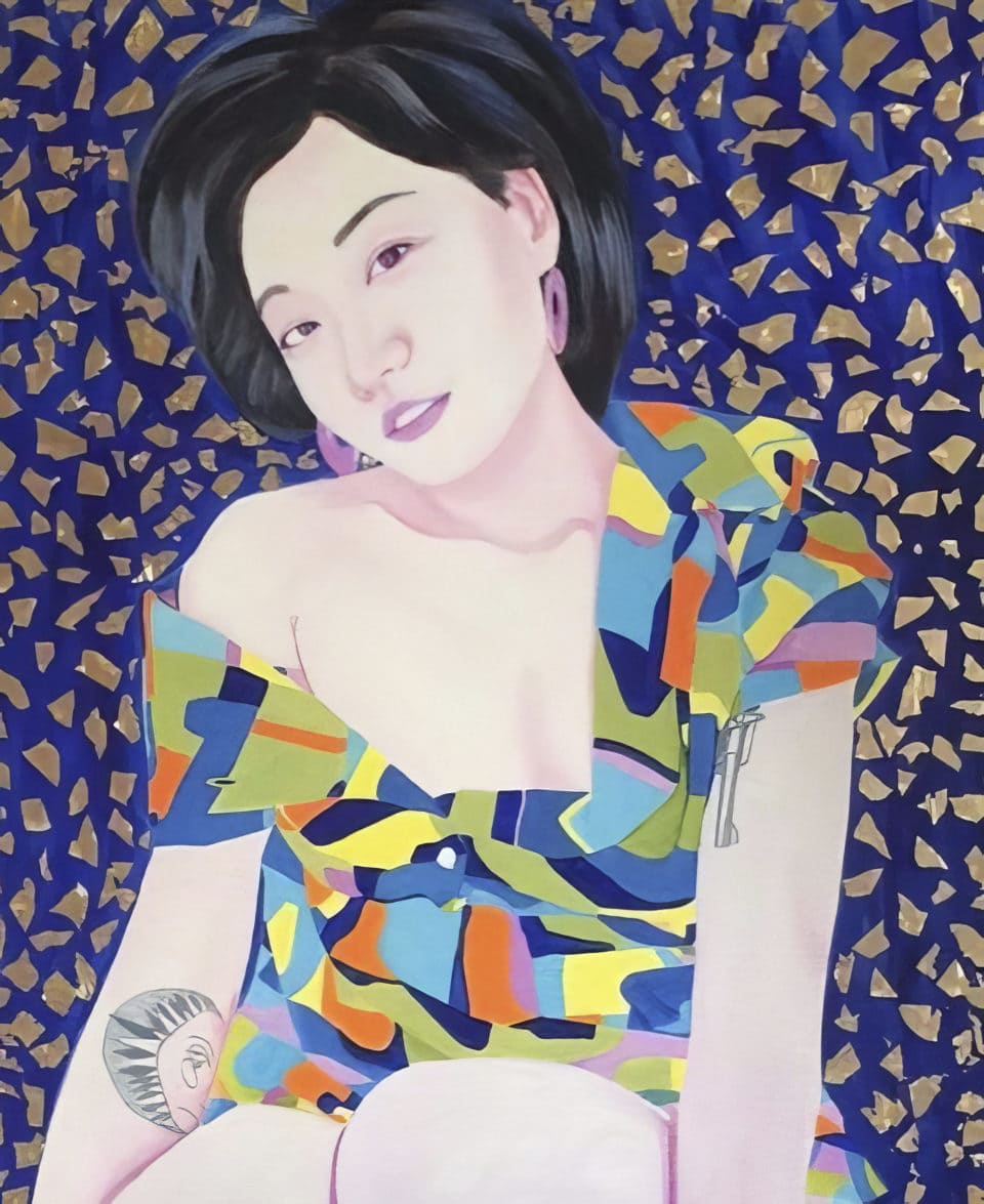 Mengzhu Huile et feuille dor sur toile oil on canvas 100x80 cm