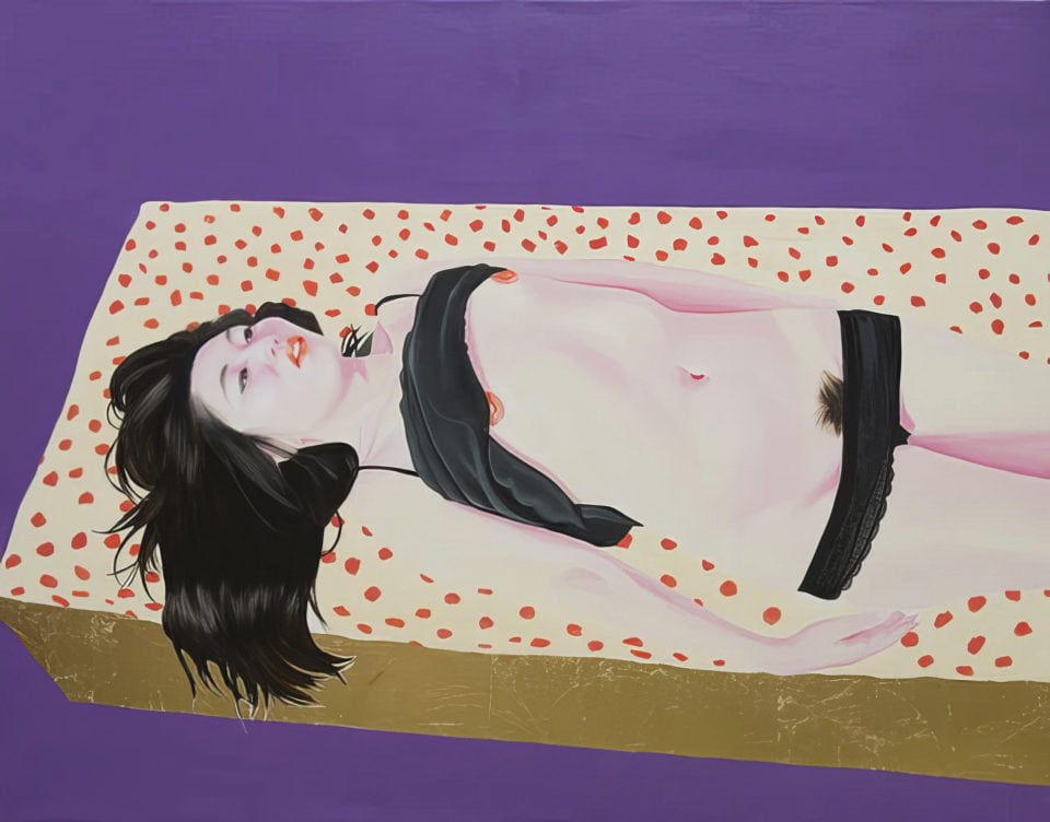 On her bed huile et feuille dor sur toile oil and gold leaf on canvas 114x146 cm
