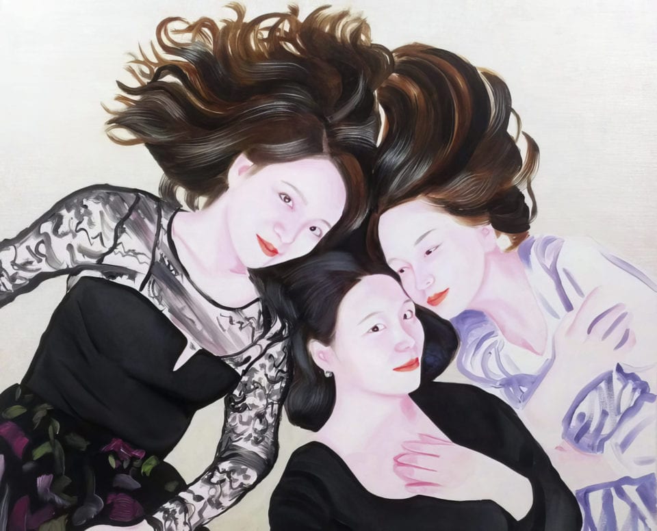 Selfie Zhan Jojo and Lili huile sur toile oil on canvas 51x61 cm