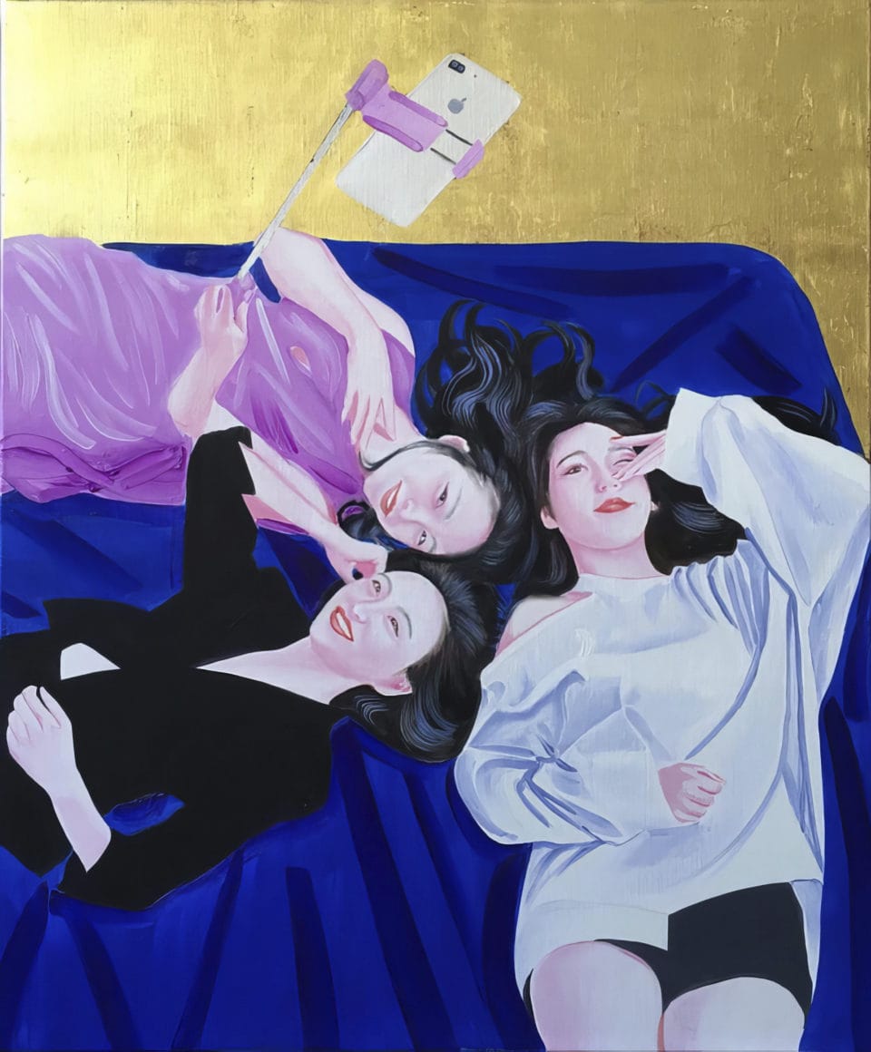 Selfie huile et feuille dor toile oil and gold leaf on canvas 73x60cm